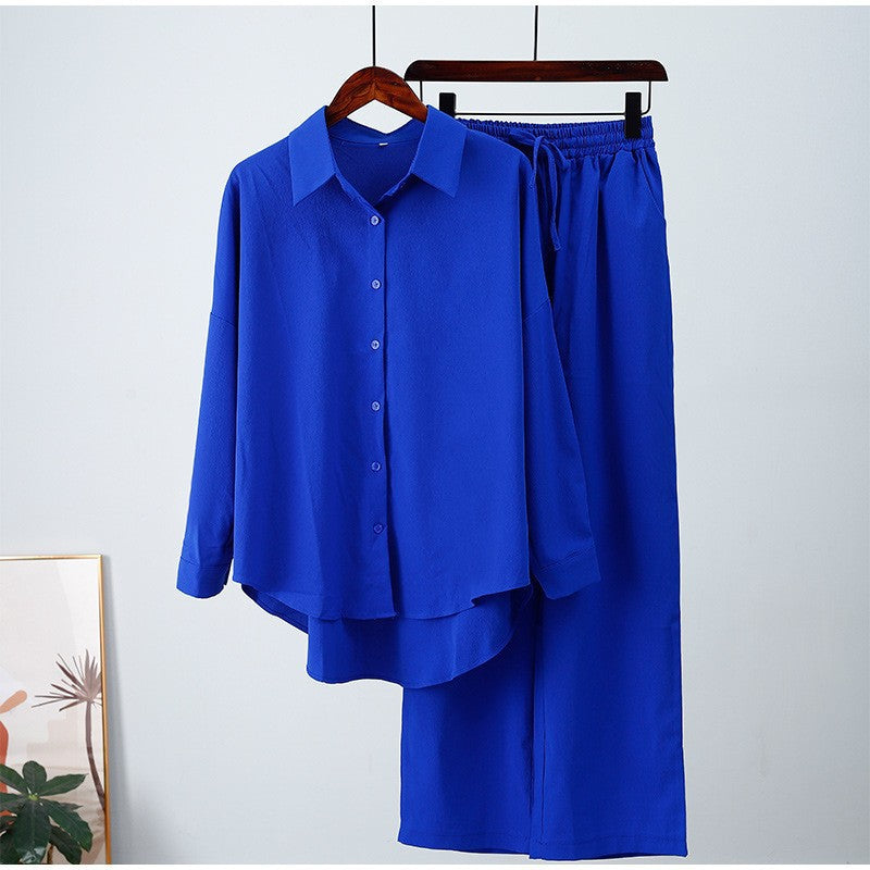 Womens Loose Elastic Long Sleeve Shirt Wide Leg Pants Casual Set