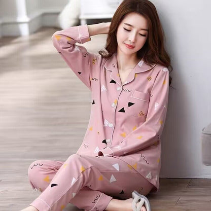Womens Cotton Cardigan Pajama Long Sleeve Two-Piece Loungewear