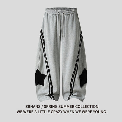 Retro Star Patch Drawstring Casual Pants