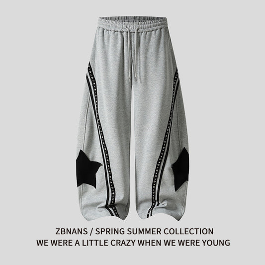 Retro Star Patch Drawstring Casual Pants