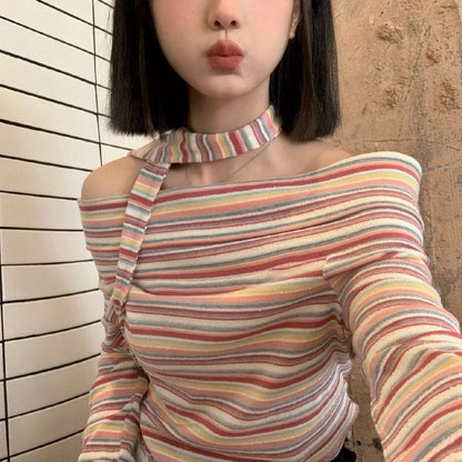 Pink striped long-sleeved T-shirt for women