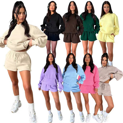 Solid-color hoodie and short-pant set