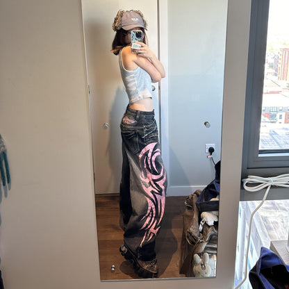 Retro Printed Wide-Leg Denim Pants