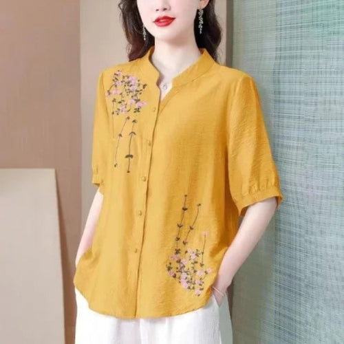 Embroidered Cotton Linen Shirt Women Short Sleeve Top