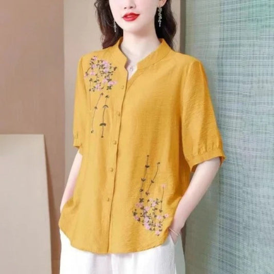 Embroidered Cotton Linen Shirt Women Short Sleeve Top