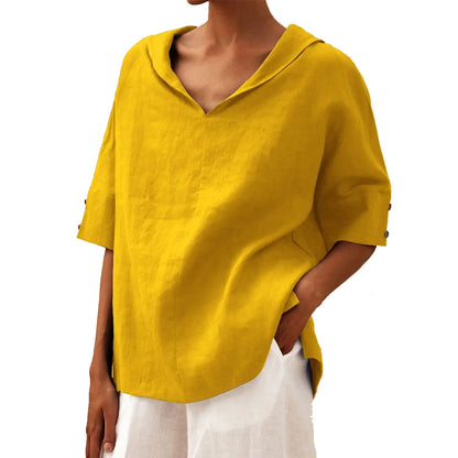 Womens Cotton Linen Hooded Pullover Top