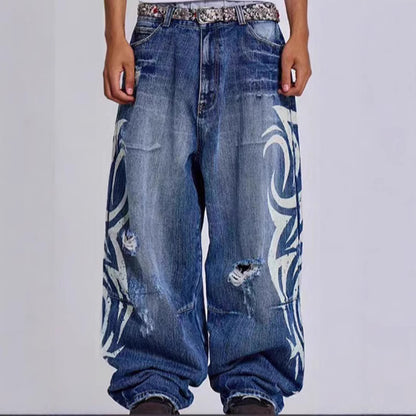 Retro Printed Wide-Leg Denim Pants