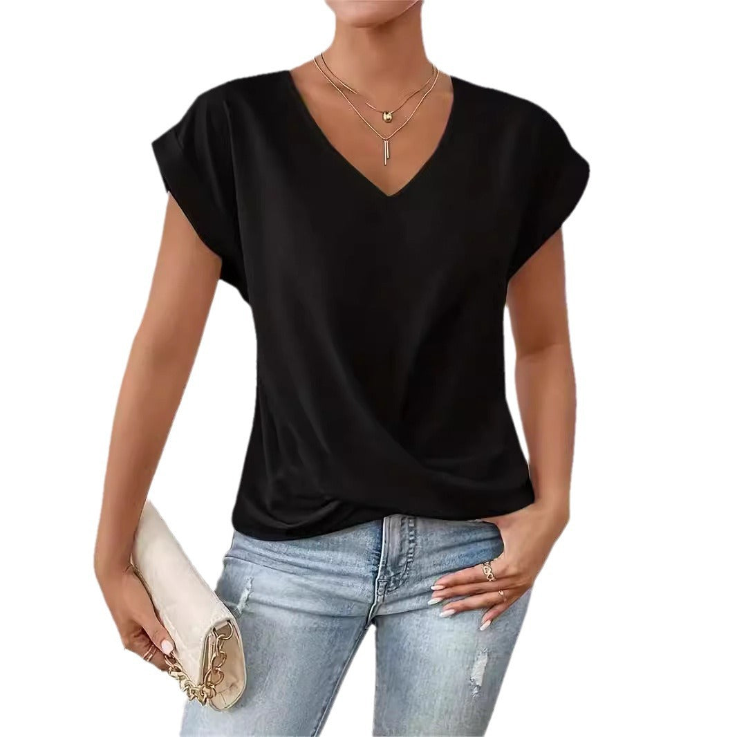 Womens V-Neck Pleated T-Shirt