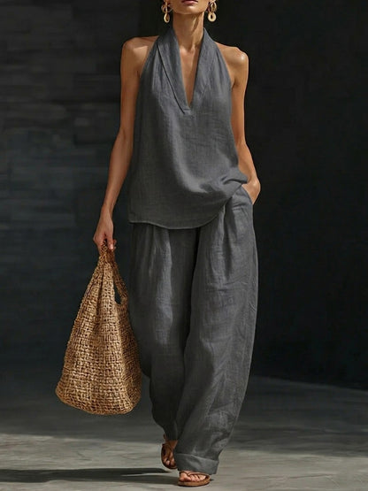 French Style Halter Top and Wide-Leg Pants