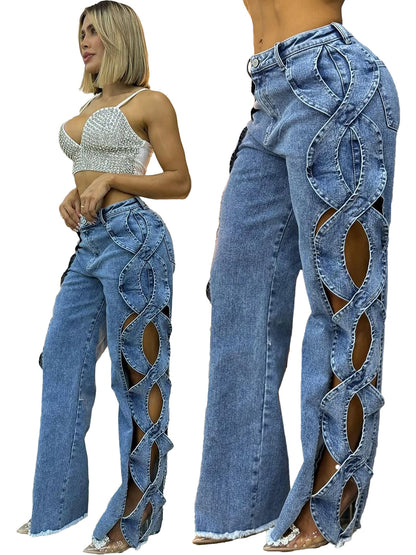 Women's Denim Patchwork Hollow Out Pants