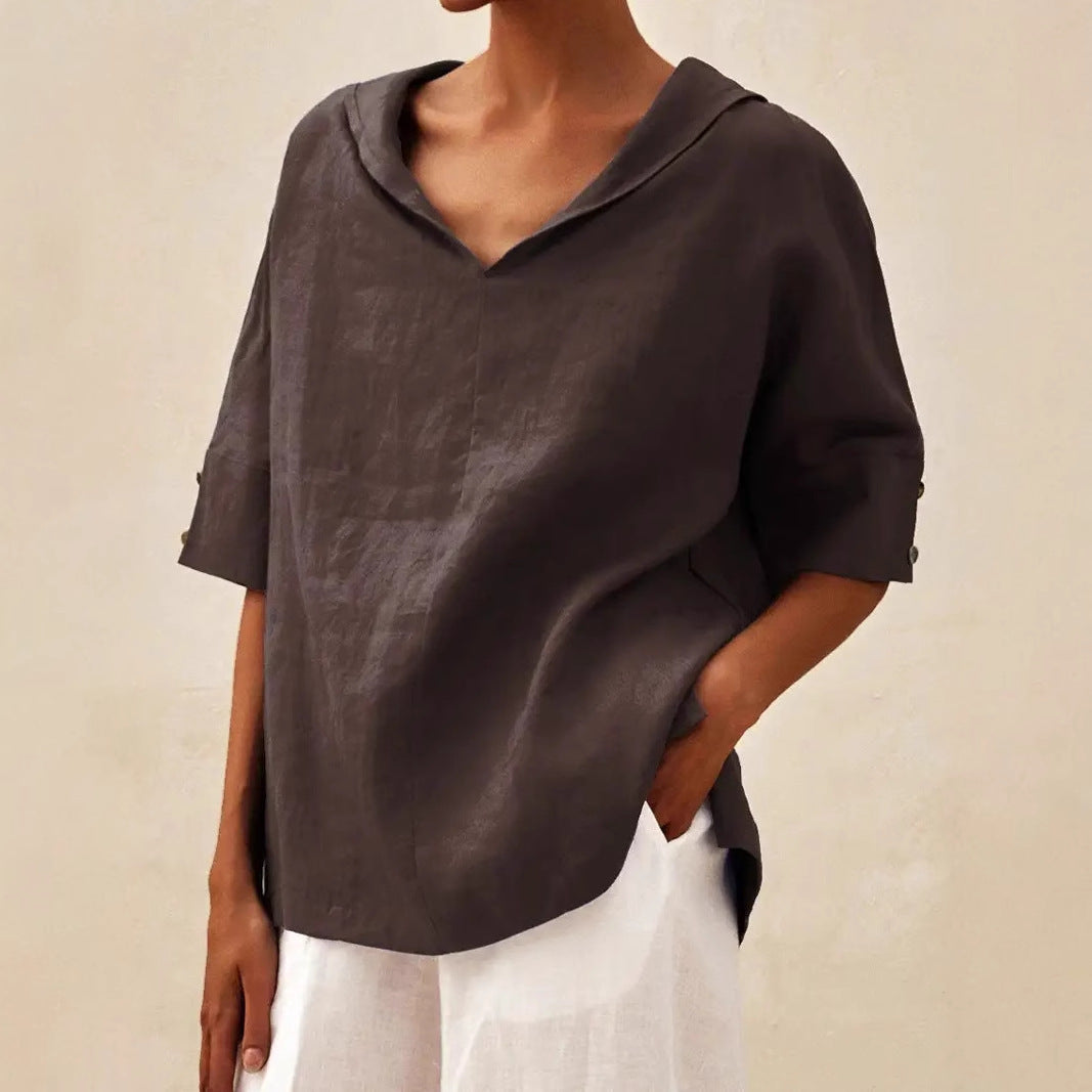 Womens Cotton Linen Hooded Pullover Top