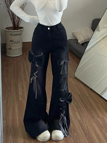 Womens Flared Denim Pants with Bow Detail