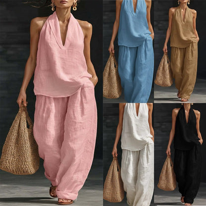 French Style Halter Top and Wide-Leg Pants