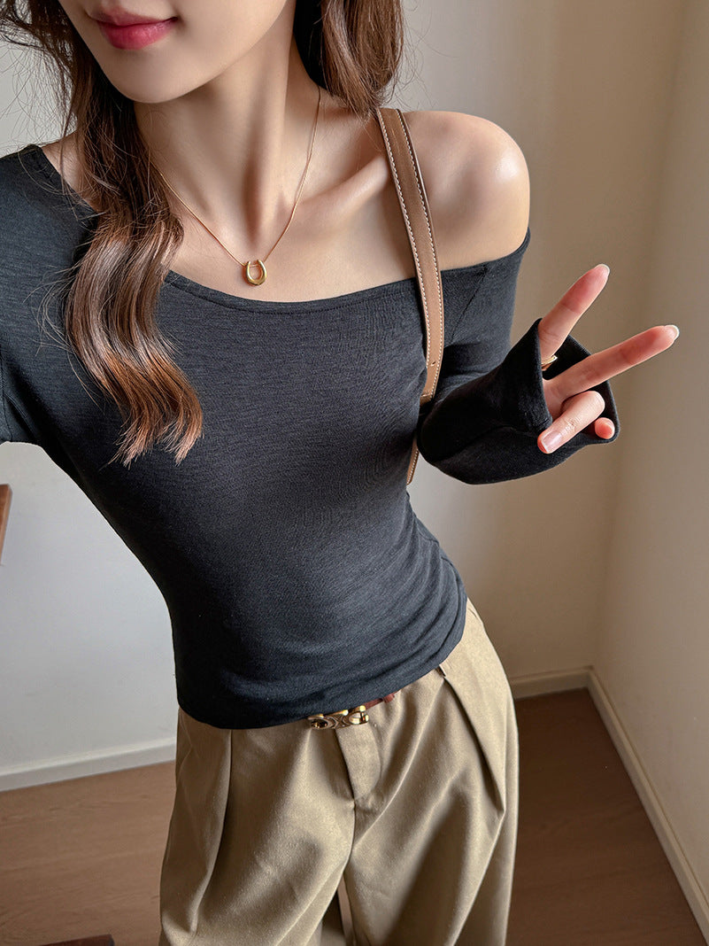 Slanted Shoulder Long Sleeve T-Shirt for Women