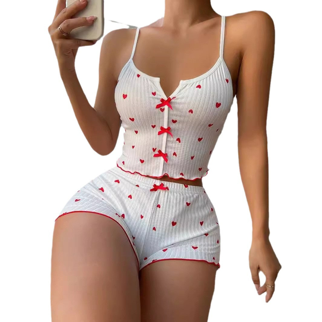 Women's Bow Accent Suspender Shorts Loungewear Set