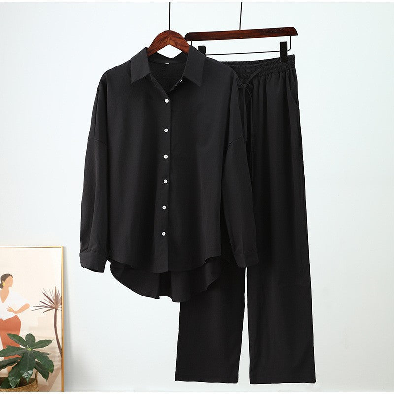 Womens Loose Elastic Long Sleeve Shirt Wide Leg Pants Casual Set