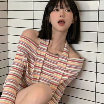 Pink striped long-sleeved T-shirt for women