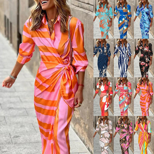 Geometric Print Tie-Up Shirt Dress