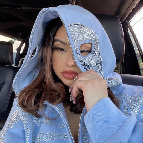 casual bedazzled face women hoodie