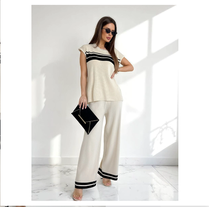 Striped short-sleeved T-shirt and loose wide-leg pants for women