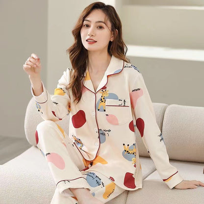 Womens Cotton Cardigan Pajama Long Sleeve Two-Piece Loungewear