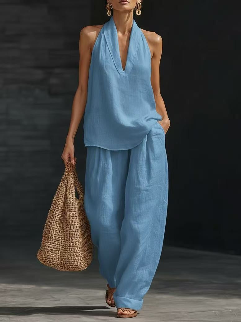 French Style Halter Top and Wide-Leg Pants