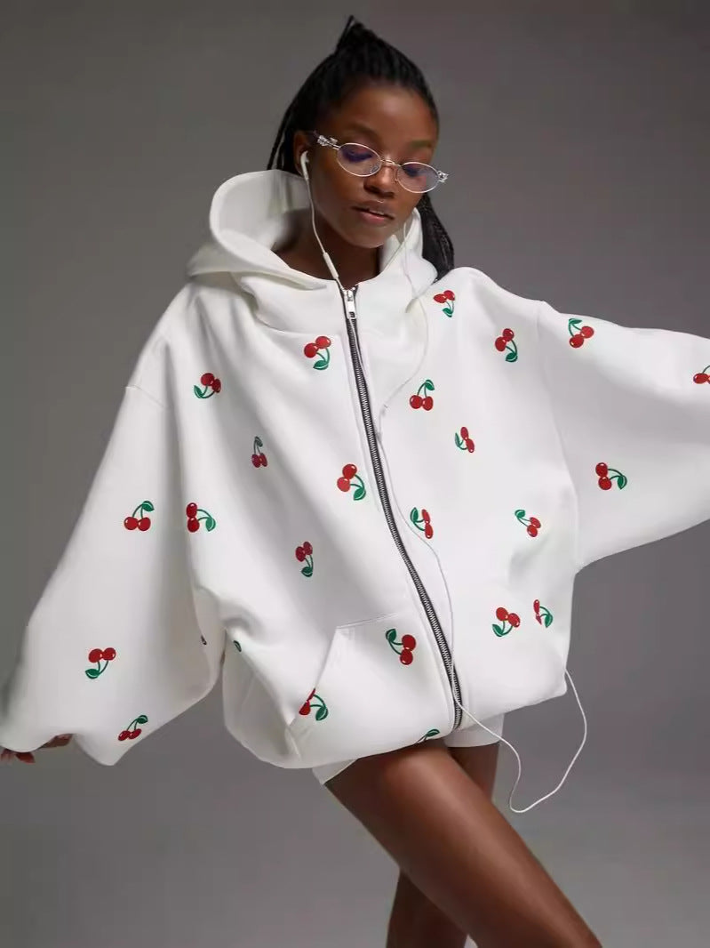 Cherry Print Cotton Hoodie for Women