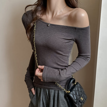 Slanted Shoulder Long Sleeve T-Shirt for Women