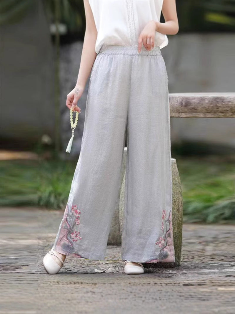Retro Embroidered Cotton Linen Wide-Leg Pants for Women