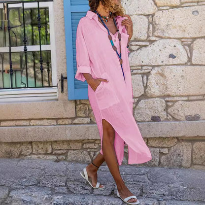 Casual Cotton Linen Shirt Dress for Women