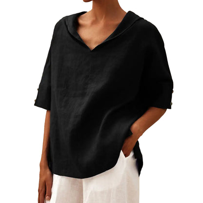 Womens Cotton Linen Hooded Pullover Top