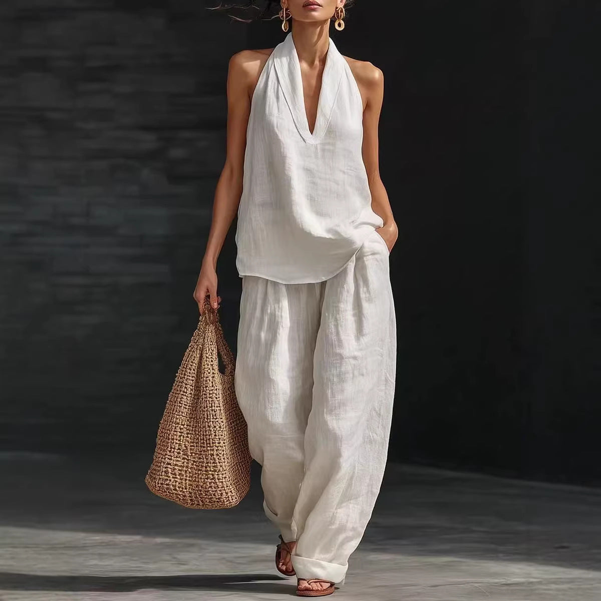 French Style Halter Top and Wide-Leg Pants