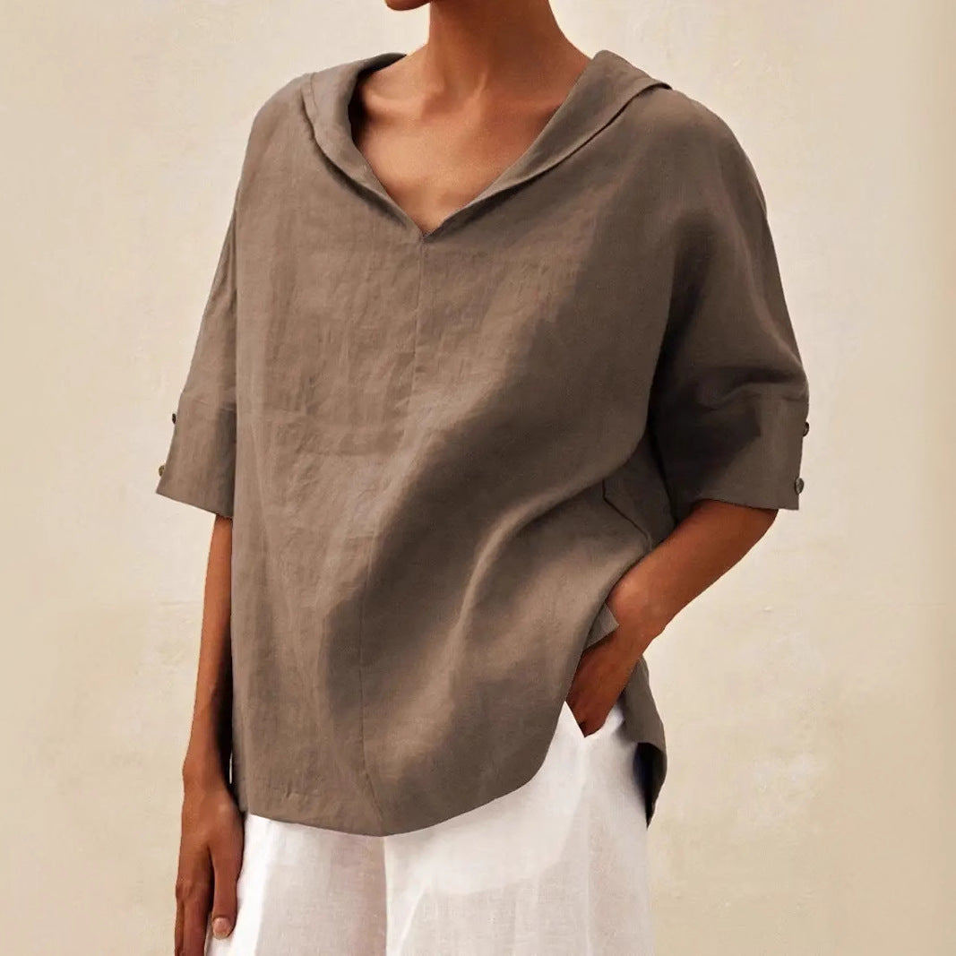 Womens Cotton Linen Hooded Pullover Top