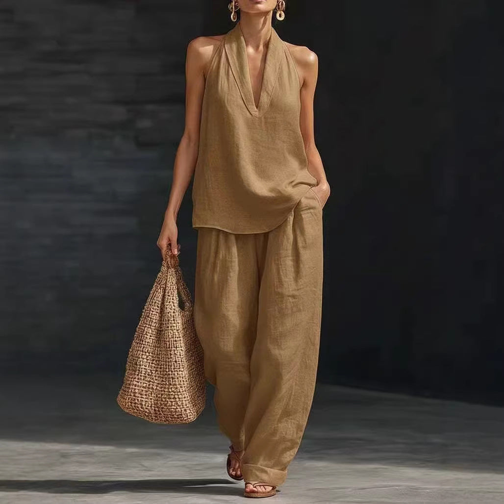French Style Halter Top and Wide-Leg Pants