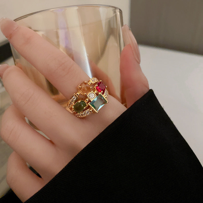 Zircon Geometric Open Ring Multi-Layered Colorful Design