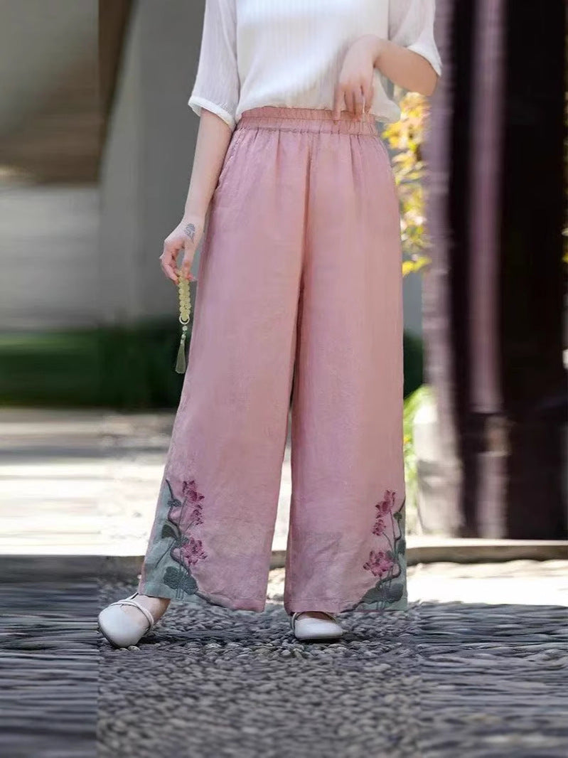Retro Embroidered Cotton Linen Wide-Leg Pants for Women