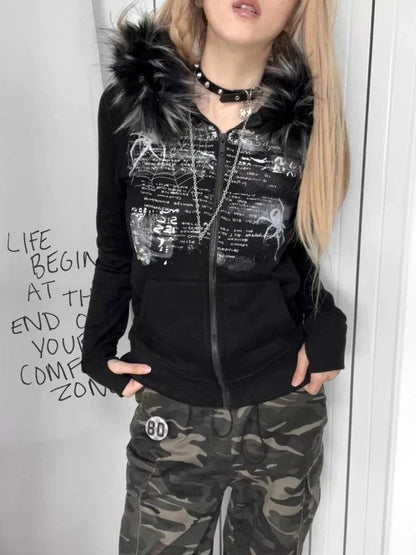 Millennial-style sexy fur-collar women's zip-up jacket