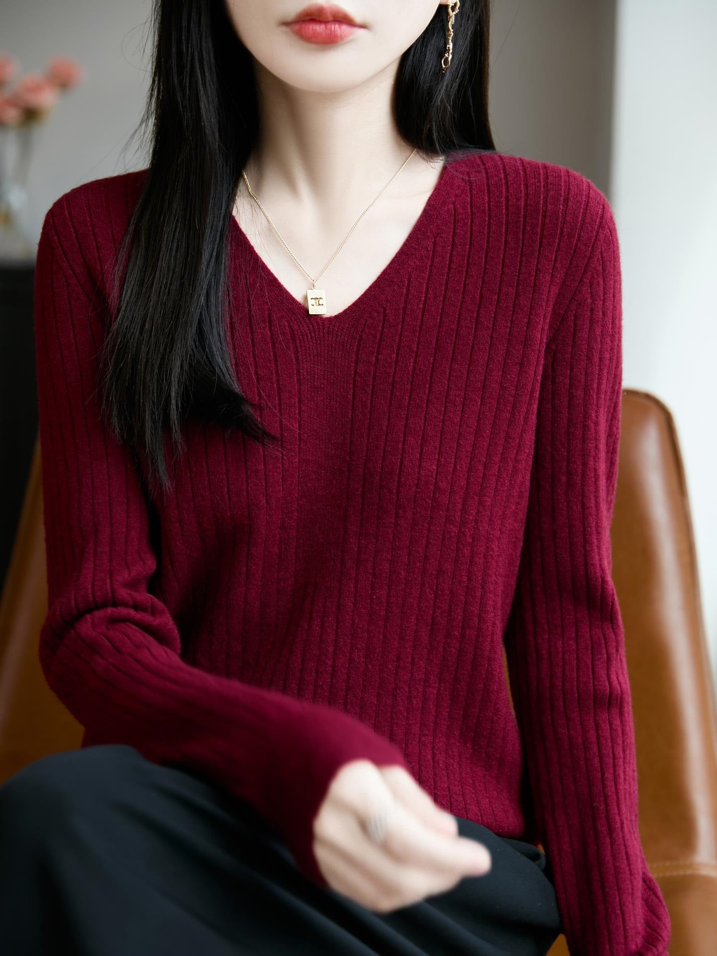 V-neck knit top for women