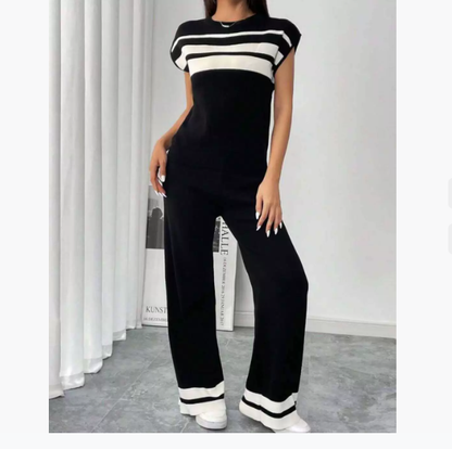 Striped short-sleeved T-shirt and loose wide-leg pants for women