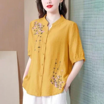 Embroidered Cotton Linen Shirt Women Short Sleeve Top