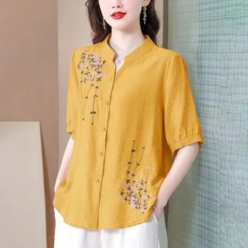 Embroidered Cotton Linen Shirt Women Short Sleeve Top