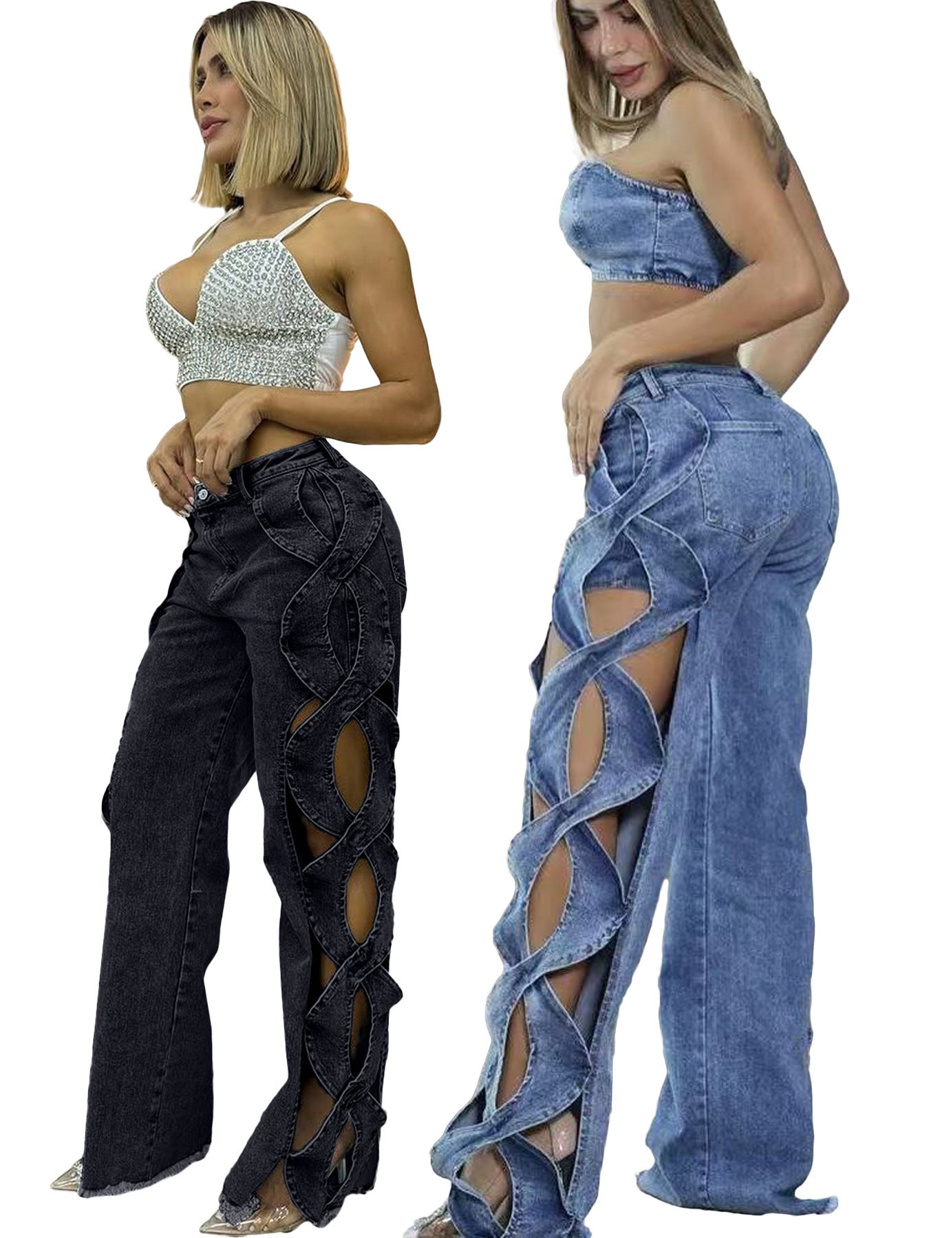 Women's Denim Patchwork Hollow Out Pants
