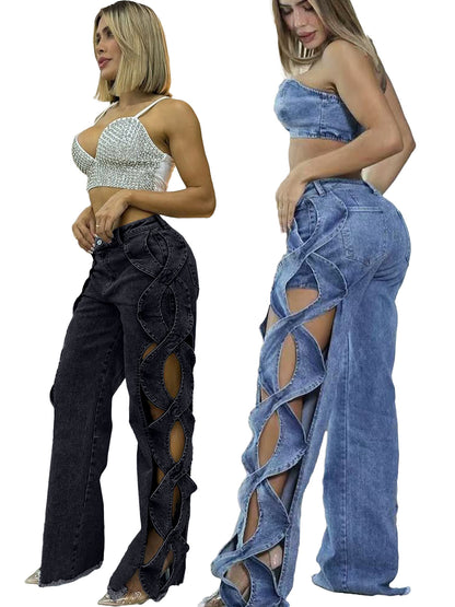 Women's Denim Patchwork Hollow Out Pants