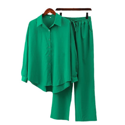 Womens Loose Elastic Long Sleeve Shirt Wide Leg Pants Casual Set