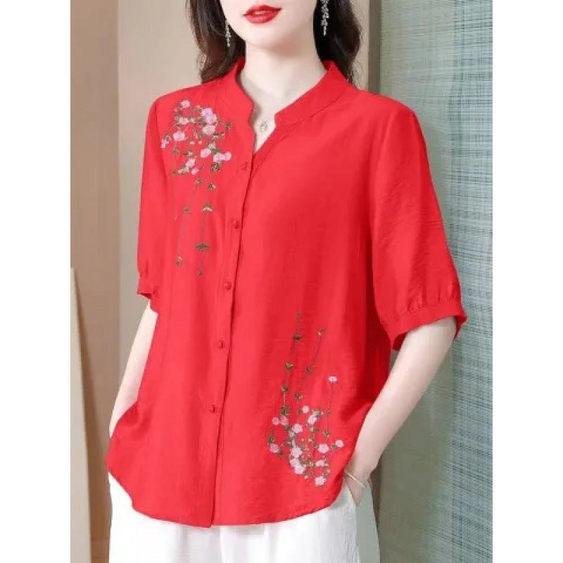 Embroidered Cotton Linen Shirt Women Short Sleeve Top