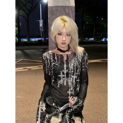 Y2K Punk Mesh Long Sleeve Printed T-Shirt for Women