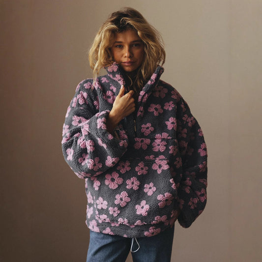 Floral Fleece Hoodie Women Loose Fit Stand Collar