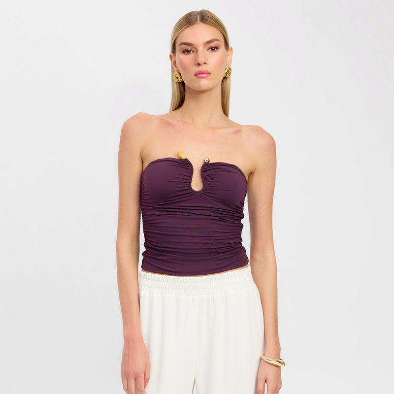 Slim Fit Backless Pleated T-Shirt for Women