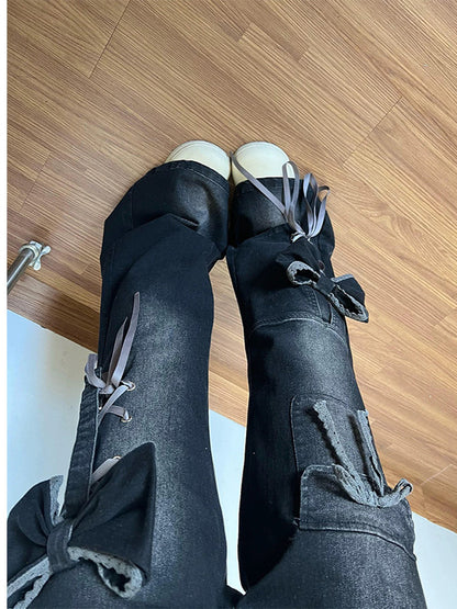 Womens Flared Denim Pants with Bow Detail
