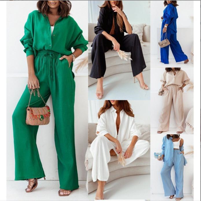 Womens Loose Elastic Long Sleeve Shirt Wide Leg Pants Casual Set